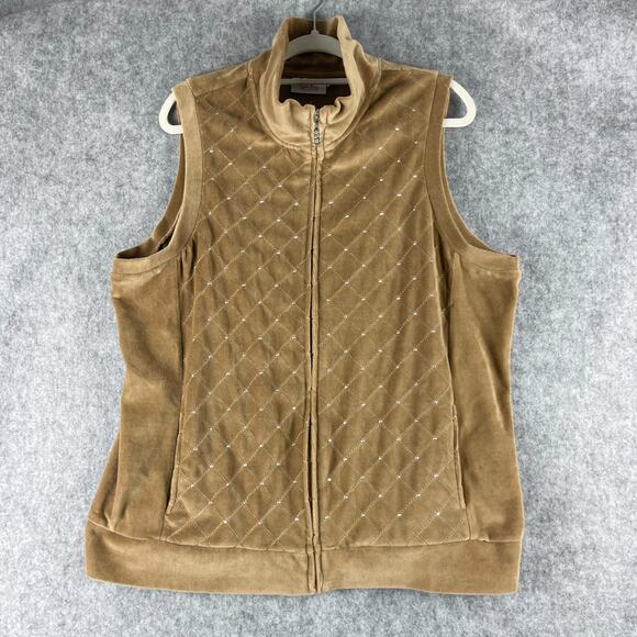 Quacker Factory Velour Vest Women XL Tan Rhinestone Bling Full Zip Quilted Artsy - Picture 1 of 14